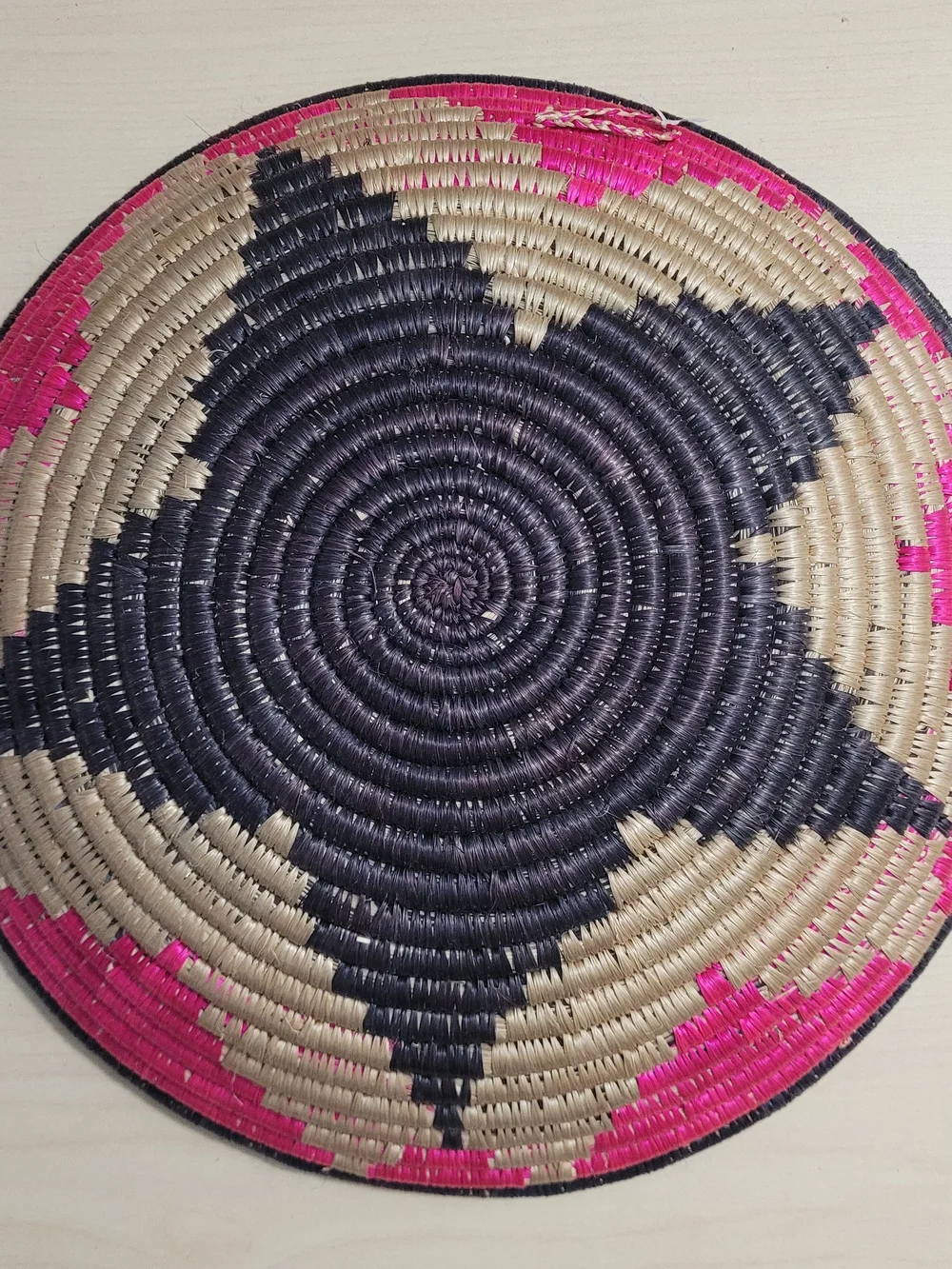 Handwoven Coiled Basket Plate - Black, Natural & Hot Pink Accents